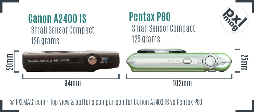 Canon A2400 IS vs Pentax P80 top view buttons comparison