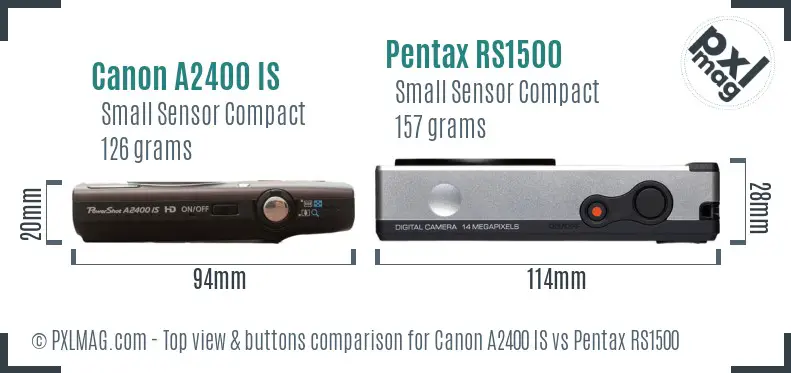 Canon A2400 IS vs Pentax RS1500 top view buttons comparison