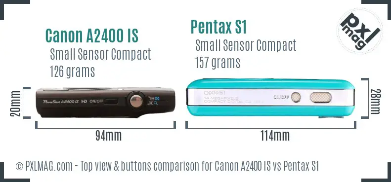 Canon A2400 IS vs Pentax S1 top view buttons comparison