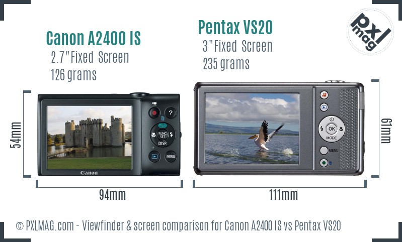 Canon A2400 IS vs Pentax VS20 Screen and Viewfinder comparison
