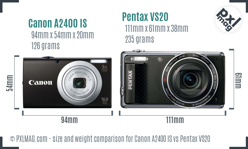 Canon A2400 IS vs Pentax VS20 size comparison