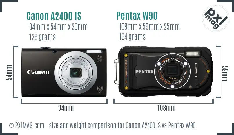 Canon A2400 IS vs Pentax W90 size comparison