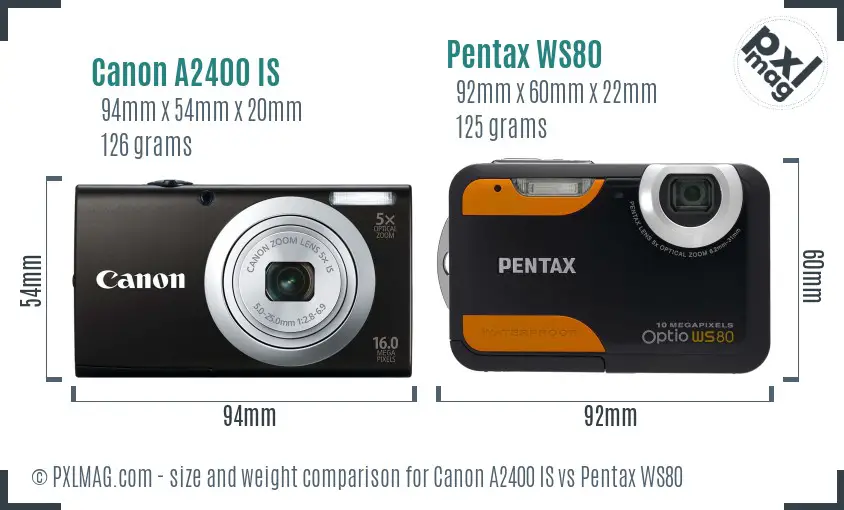 Canon A2400 IS vs Pentax WS80 size comparison