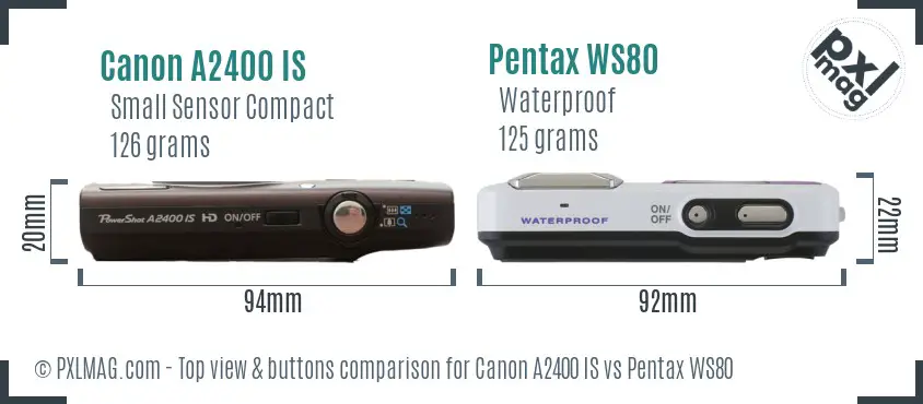Canon A2400 IS vs Pentax WS80 top view buttons comparison