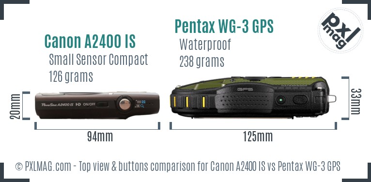 Canon A2400 IS vs Pentax WG-3 GPS top view buttons comparison