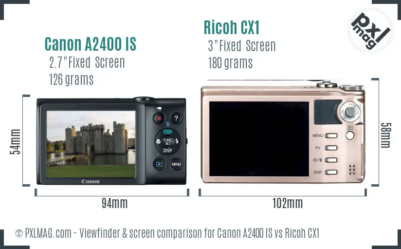 Canon A2400 IS vs Ricoh CX1 Screen and Viewfinder comparison