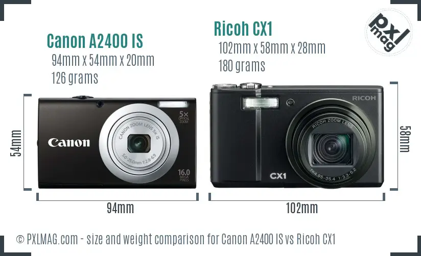 Canon A2400 IS vs Ricoh CX1 size comparison