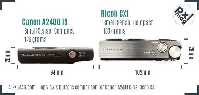 Canon A2400 IS vs Ricoh CX1 top view buttons comparison