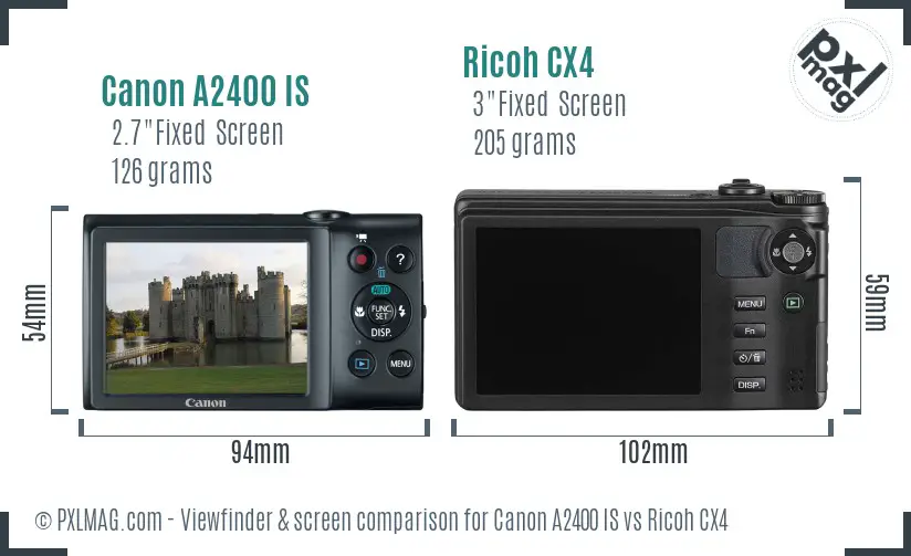 Canon A2400 IS vs Ricoh CX4 Screen and Viewfinder comparison Canon A2400 IS vs Ricoh CX4 Screen and Viewfinder comparison