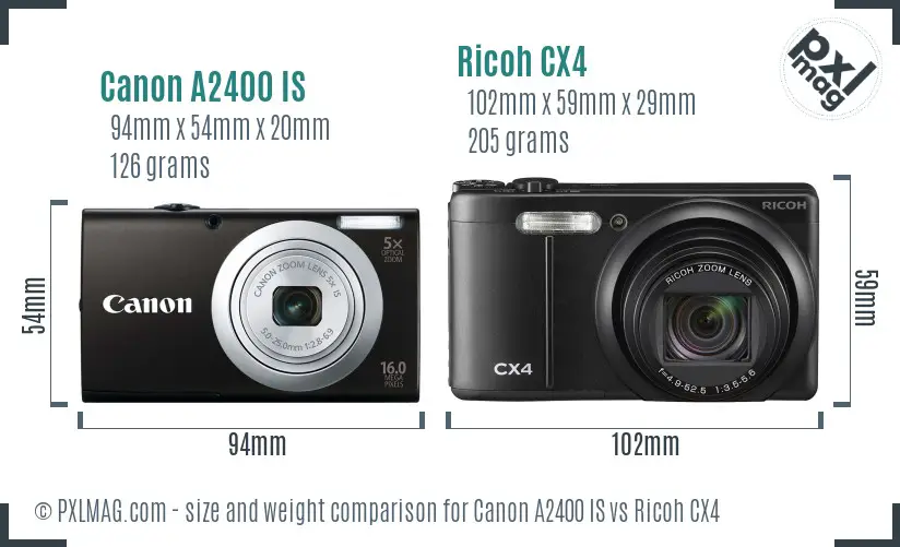 Canon A2400 IS vs Ricoh CX4 size comparison Canon A2400 IS vs Ricoh CX4 size comparison