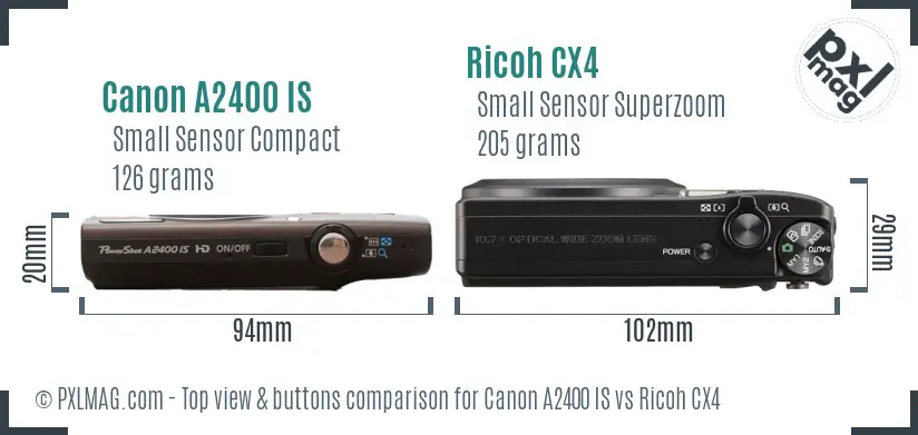 Canon A2400 IS vs Ricoh CX4 top view buttons comparison Canon A2400 IS vs Ricoh CX4 top view buttons comparison