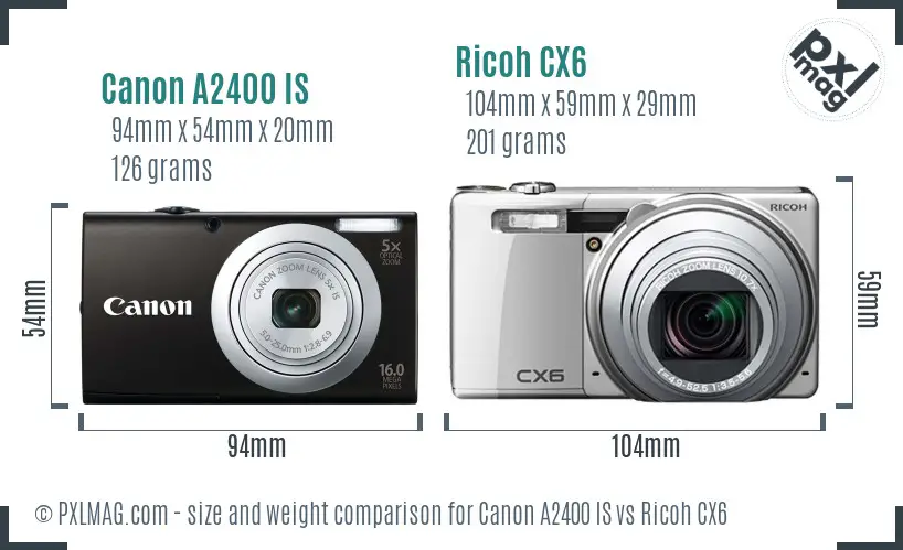 Canon A2400 IS vs Ricoh CX6 size comparison