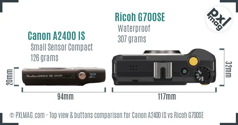 Canon A2400 IS vs Ricoh G700SE top view buttons comparison