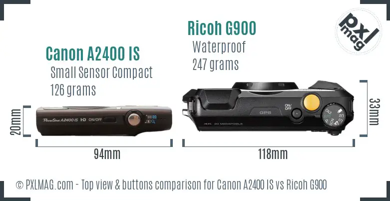 Canon A2400 IS vs Ricoh G900 top view buttons comparison