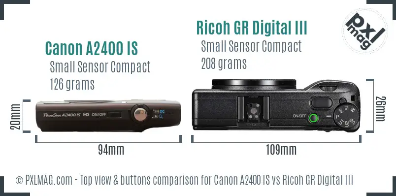 Canon A2400 IS vs Ricoh GR Digital III top view buttons comparison Canon A2400 IS vs Ricoh GR Digital III top view buttons comparison