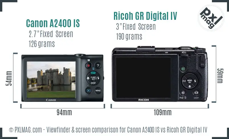 Canon A2400 IS vs Ricoh GR Digital IV Screen and Viewfinder comparison