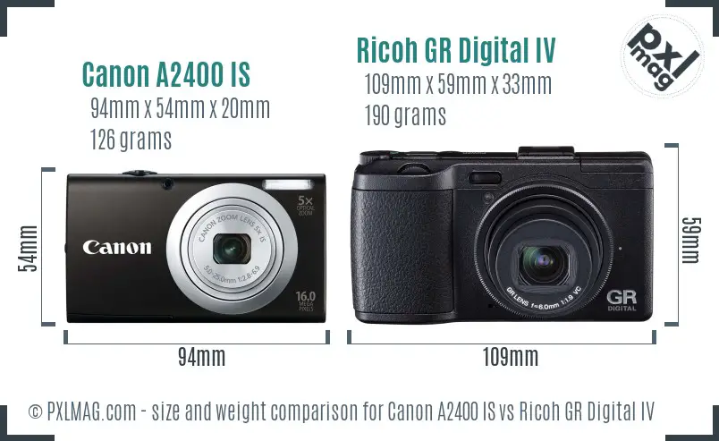 Canon A2400 IS vs Ricoh GR Digital IV size comparison