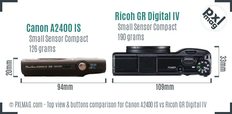 Canon A2400 IS vs Ricoh GR Digital IV top view buttons comparison