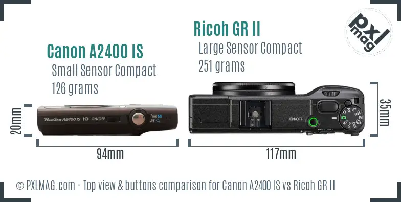 Canon A2400 IS vs Ricoh GR II top view buttons comparison