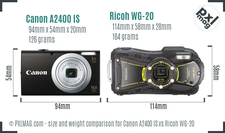 Canon A2400 IS vs Ricoh WG-20 size comparison