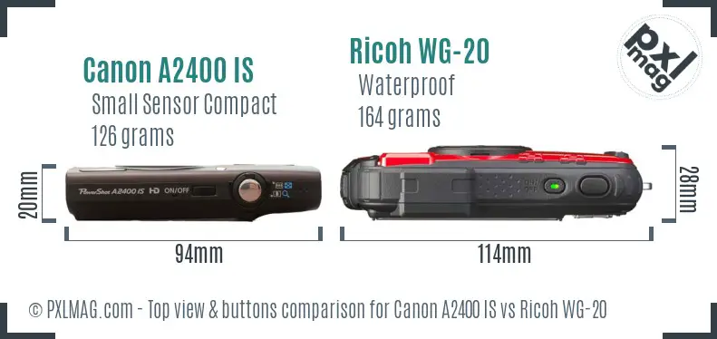 Canon A2400 IS vs Ricoh WG-20 top view buttons comparison