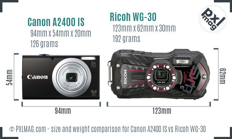 Canon A2400 IS vs Ricoh WG-30 size comparison