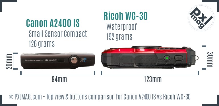Canon A2400 IS vs Ricoh WG-30 top view buttons comparison