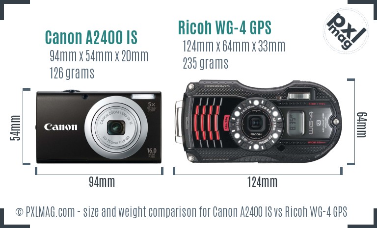 Canon A2400 IS vs Ricoh WG-4 GPS size comparison