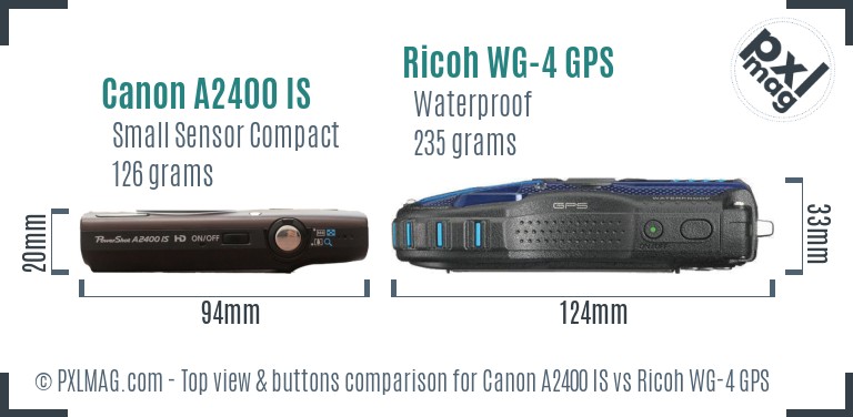 Canon A2400 IS vs Ricoh WG-4 GPS top view buttons comparison