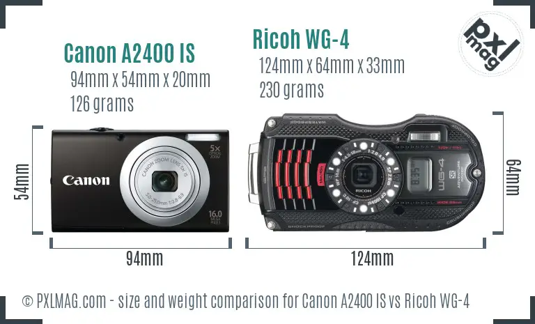 Canon A2400 IS vs Ricoh WG-4 size comparison