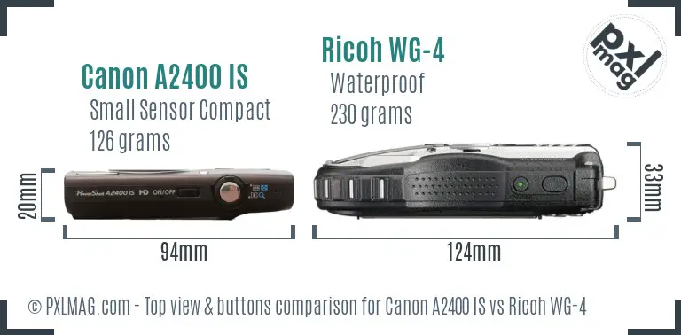 Canon A2400 IS vs Ricoh WG-4 top view buttons comparison