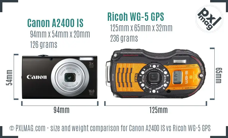 Canon A2400 IS vs Ricoh WG-5 GPS size comparison
