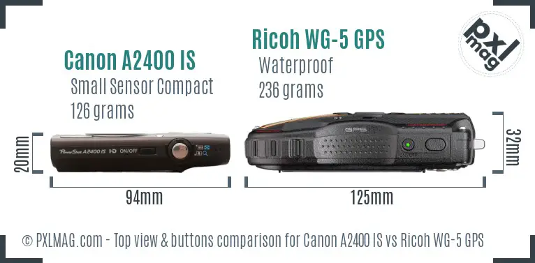 Canon A2400 IS vs Ricoh WG-5 GPS top view buttons comparison