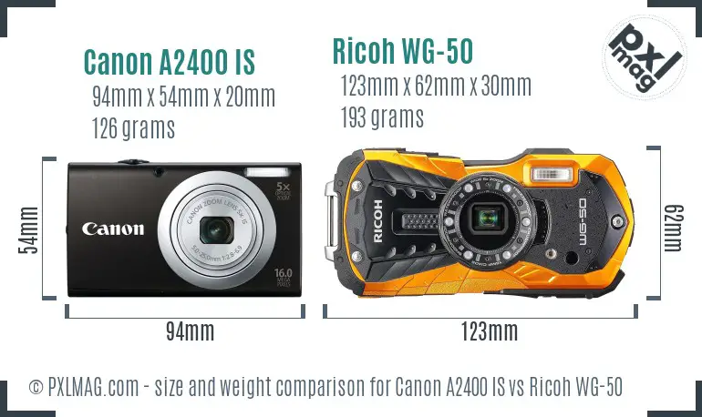 Canon A2400 IS vs Ricoh WG-50 size comparison