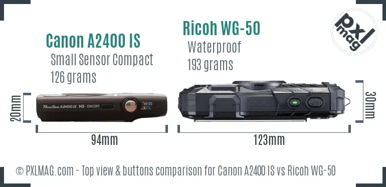 Canon A2400 IS vs Ricoh WG-50 top view buttons comparison