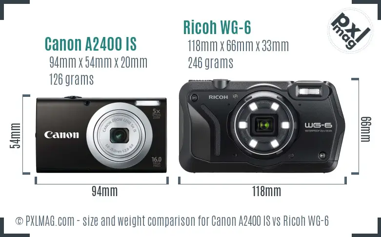 Canon A2400 IS vs Ricoh WG-6 size comparison