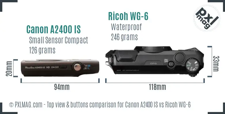 Canon A2400 IS vs Ricoh WG-6 top view buttons comparison