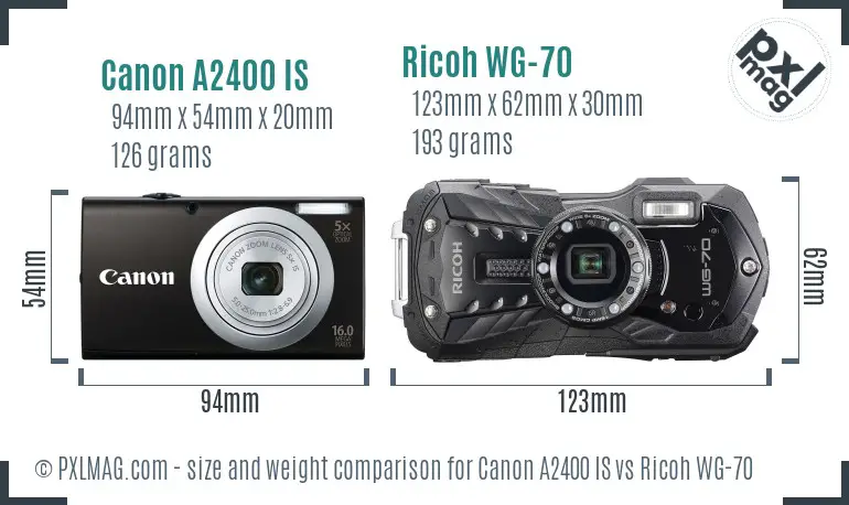 Canon A2400 IS vs Ricoh WG-70 size comparison