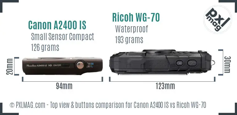 Canon A2400 IS vs Ricoh WG-70 top view buttons comparison