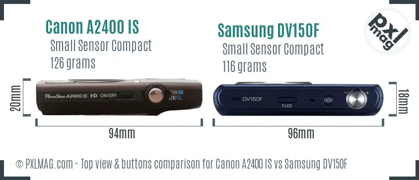 Canon A2400 IS vs Samsung DV150F top view buttons comparison