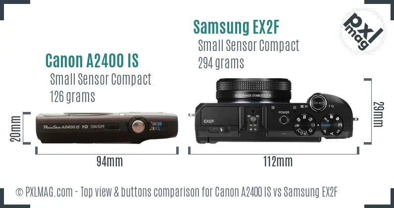 Canon A2400 IS vs Samsung EX2F top view buttons comparison