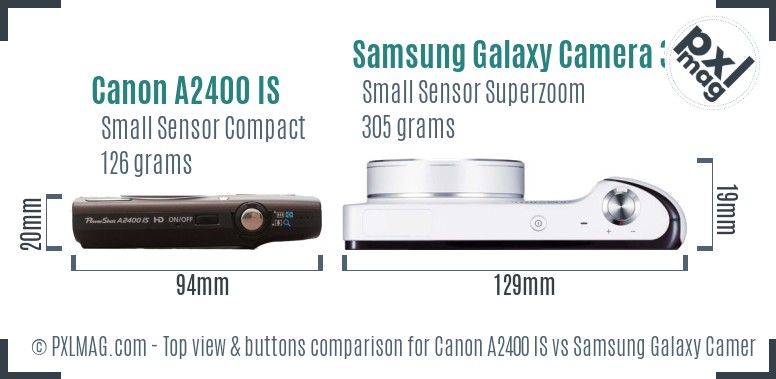 Canon A2400 IS vs Samsung Galaxy Camera 3G top view buttons comparison