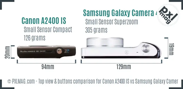 Canon A2400 IS vs Samsung Galaxy Camera 4G top view buttons comparison