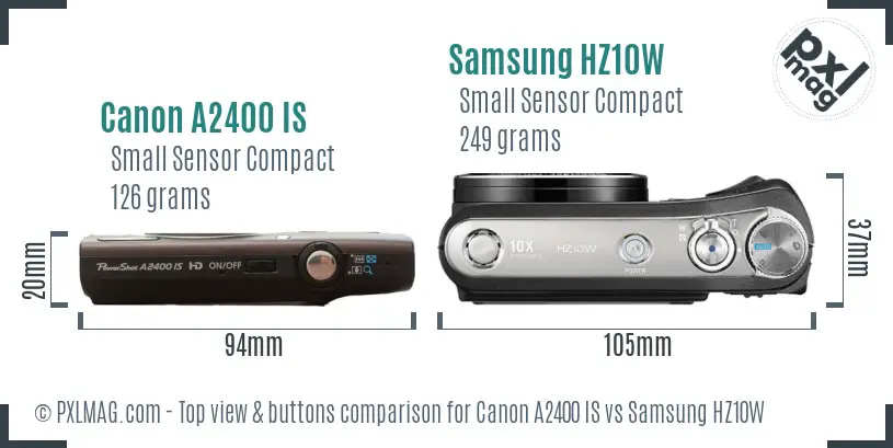 Canon A2400 IS vs Samsung HZ10W top view buttons comparison