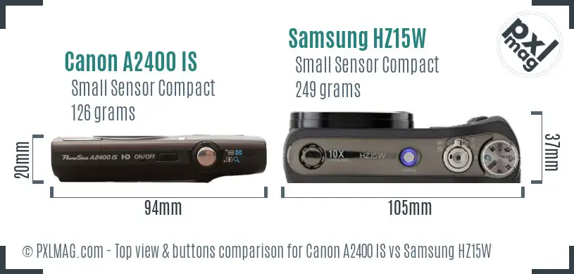 Canon A2400 IS vs Samsung HZ15W top view buttons comparison