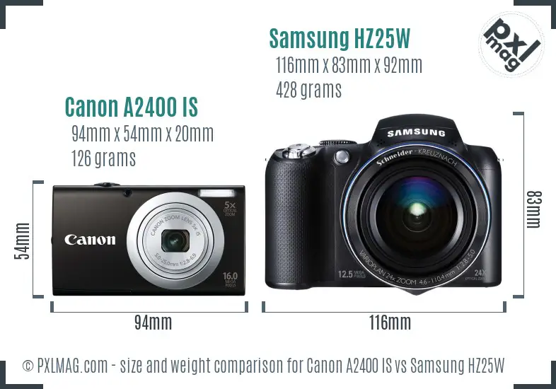 Canon A2400 IS vs Samsung HZ25W size comparison Canon A2400 IS vs Samsung HZ25W size comparison