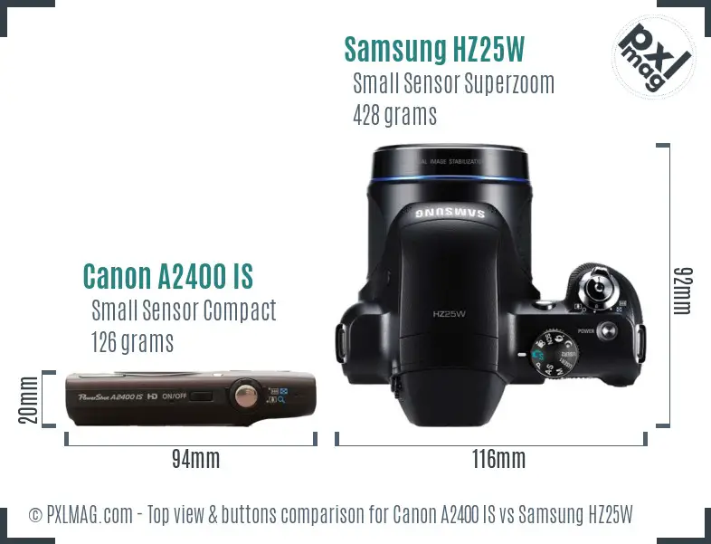 Canon A2400 IS vs Samsung HZ25W top view buttons comparison Canon A2400 IS vs Samsung HZ25W top view buttons comparison