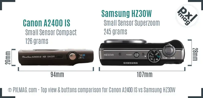 Canon A2400 IS vs Samsung HZ30W top view buttons comparison