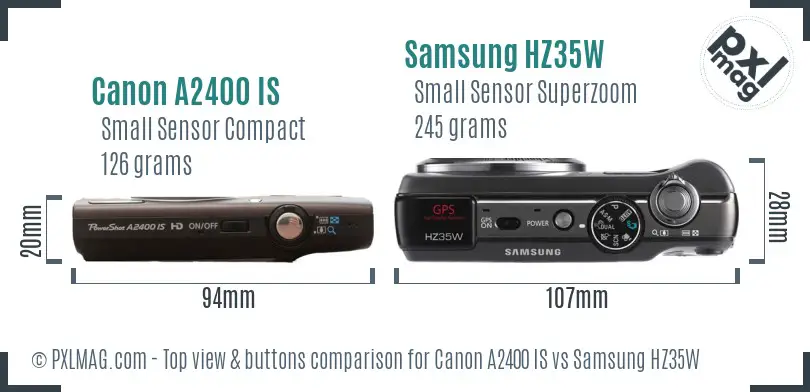 Canon A2400 IS vs Samsung HZ35W top view buttons comparison