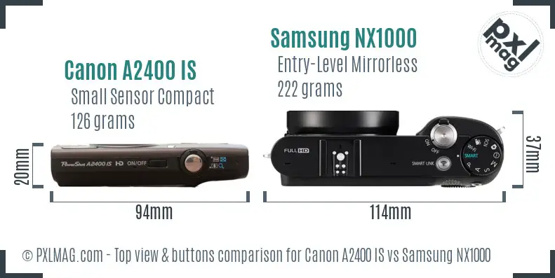 Canon A2400 IS vs Samsung NX1000 top view buttons comparison